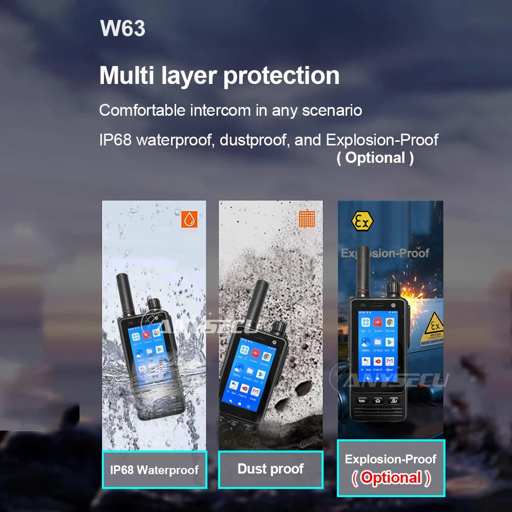 ANYSECU W63 | Walkie Talkie 4G PTT IP68 NFC GPS | Zello RealPTT Android