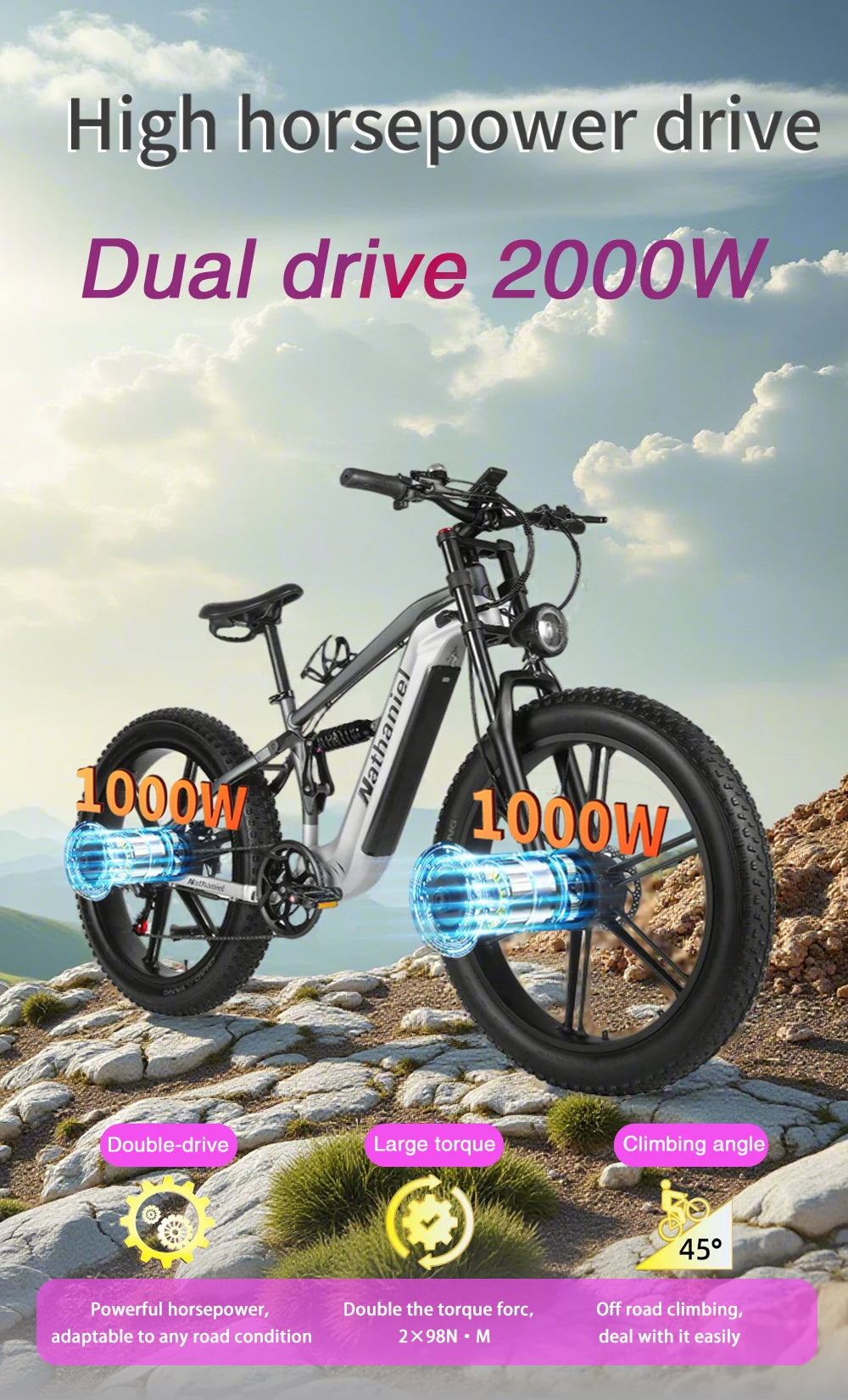 Nathaniel SYR09 Bicicleta Eléctrica 2000W | Doble Motor | Fat Tire 26x4.0 | 48V 20/40Ah | 55km/h | Todo Terreno | E-Bike