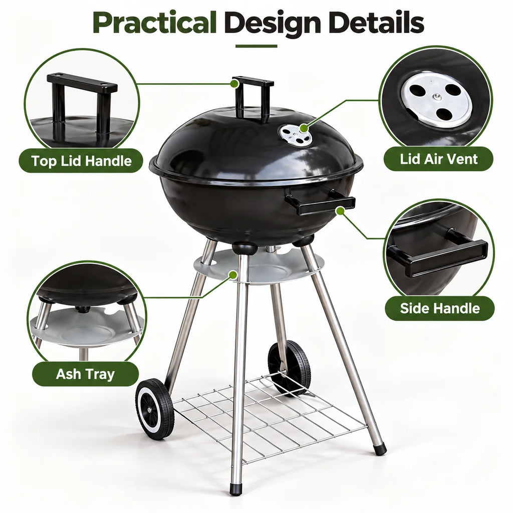 Charcoal BBQ Grill | Wheels & Storage Shelves | Outdoor Cooking