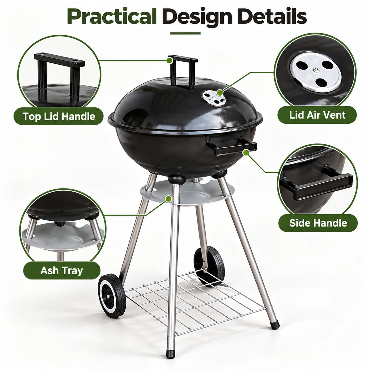 Charcoal BBQ Grill | Wheels & Storage Shelves | Outdoor Cooking