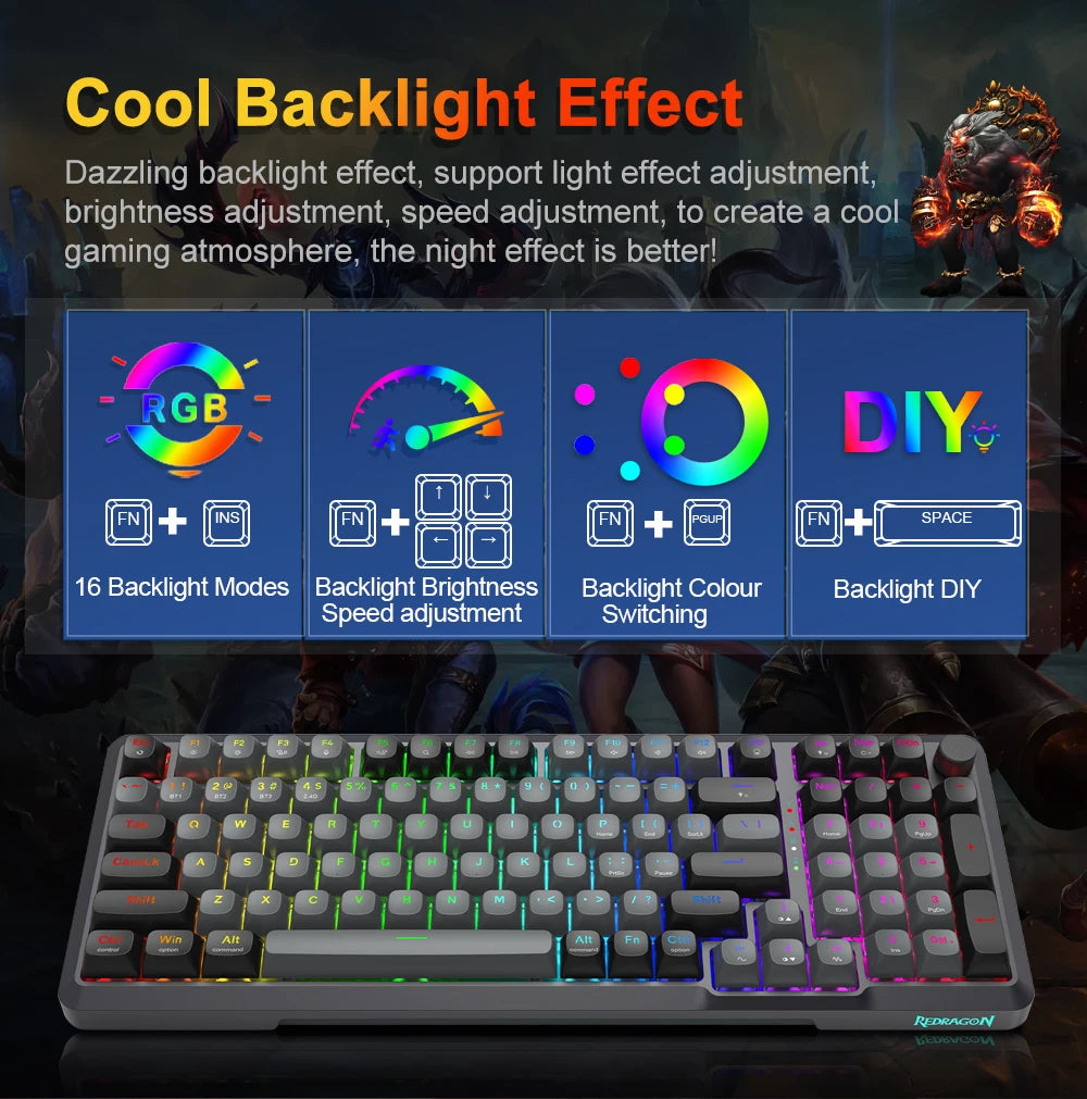 Teclado Mecánico Gaming Redragon K688 PRO | 98 Teclas | Bluetooth 5.0 + 2.4GHz + USB | Gasket | Hot-Swap | RGB | Redragon K688 PRO 98-Key Mechanical Gaming Keyboard BT 5.0 2.4GHz USB Gasket Hot-Swap RGB