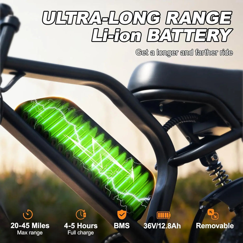 E-Bike 16" Adultos | 500W | 36V 12.8Ah Extraíble | 45 Millas | 4 Modos | Frenos Disco | UL 2849 | Negro/Naranja/Rosa/Azul