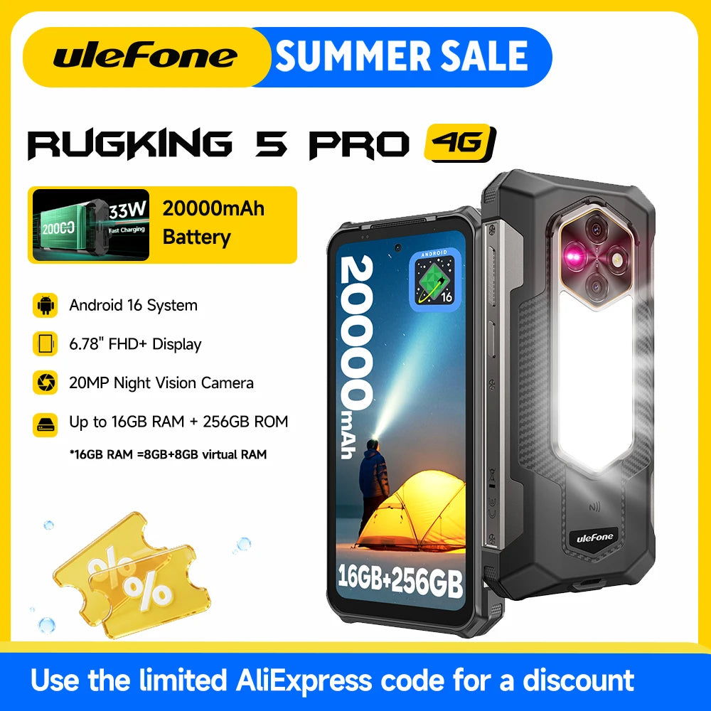 Ulefone RugKing 5 Pro | Rugged Phone 4G 20000mAh 64MP Android 16 | IP68 NFC 33W
