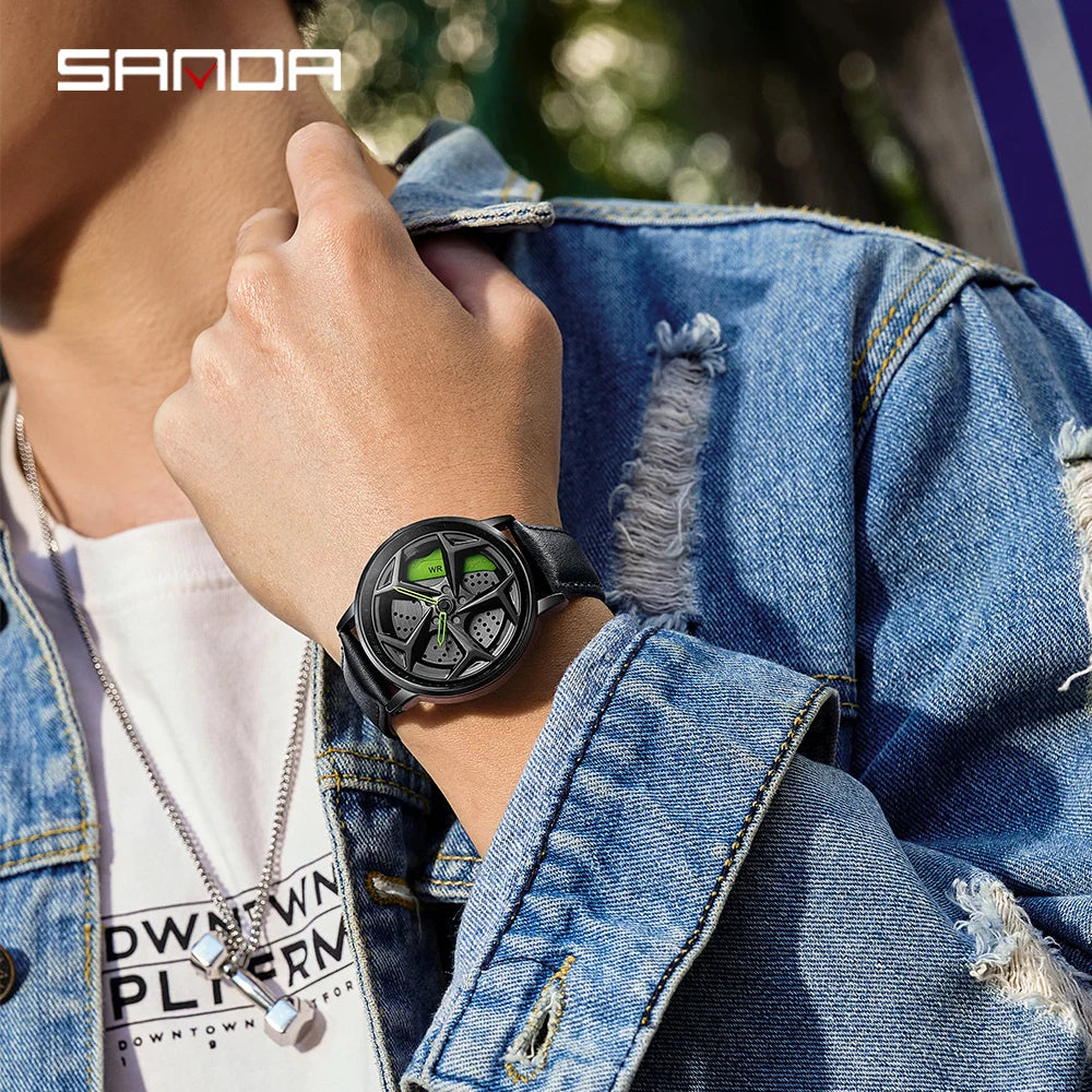 SANDA 1087 Men's Sports Quartz Watch | 360° Rotating Dial | Chronograph | Leather & Steel | Waterproof