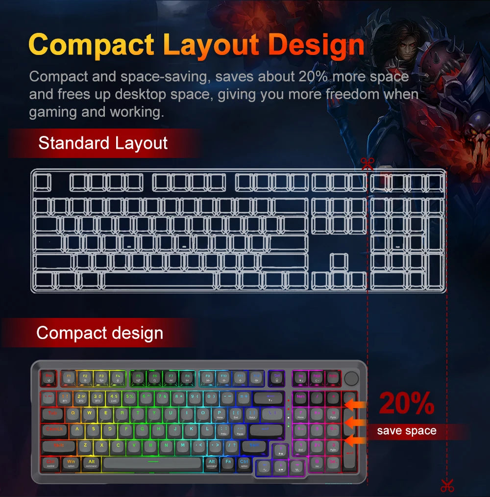 Teclado Mecánico Gaming Redragon K688 PRO | 98 Teclas | Bluetooth 5.0 + 2.4GHz + USB | Gasket | Hot-Swap | RGB | Redragon K688 PRO 98-Key Mechanical Gaming Keyboard BT 5.0 2.4GHz USB Gasket Hot-Swap RGB