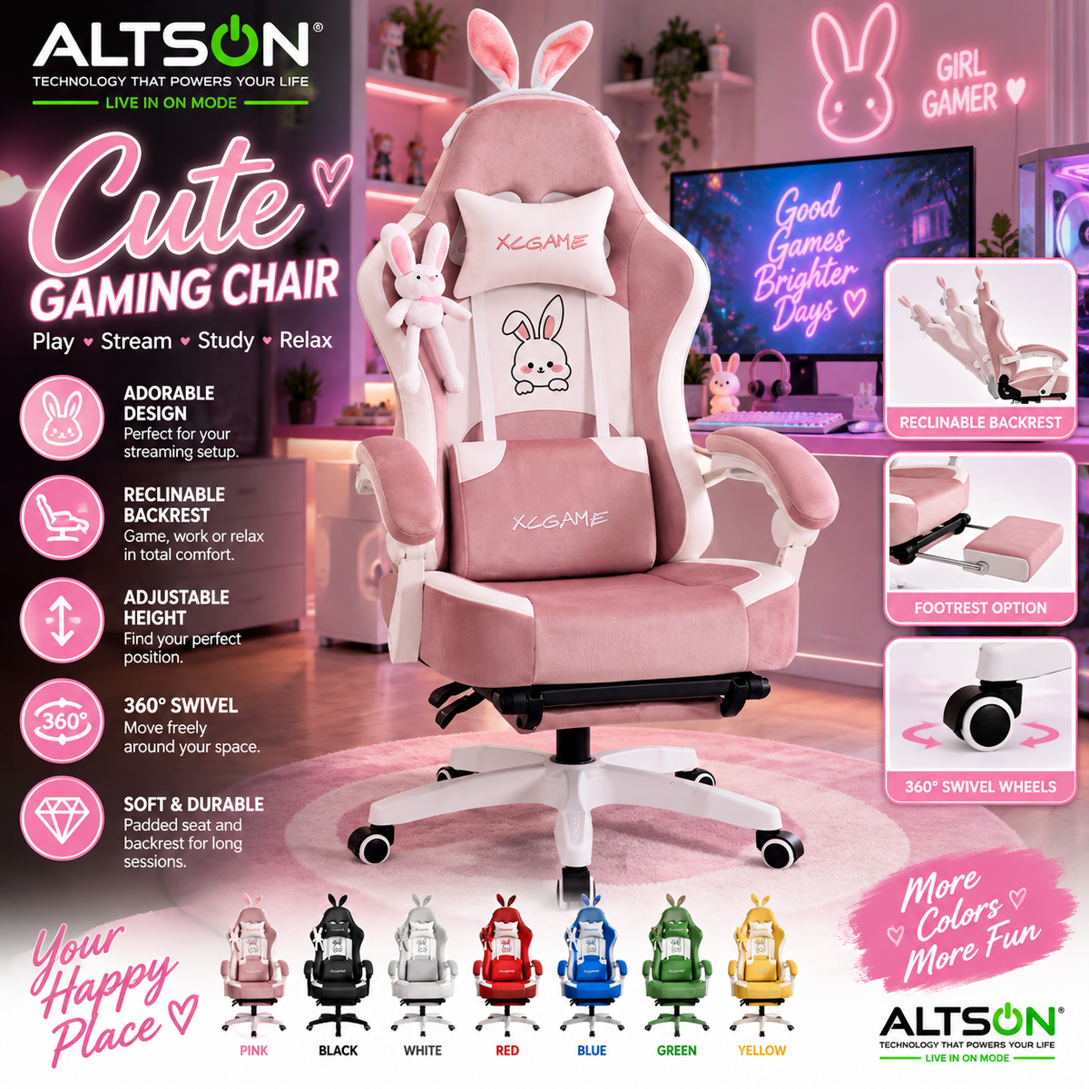 Cute Streaming Gaming Chair | Reclining | 6 Colors