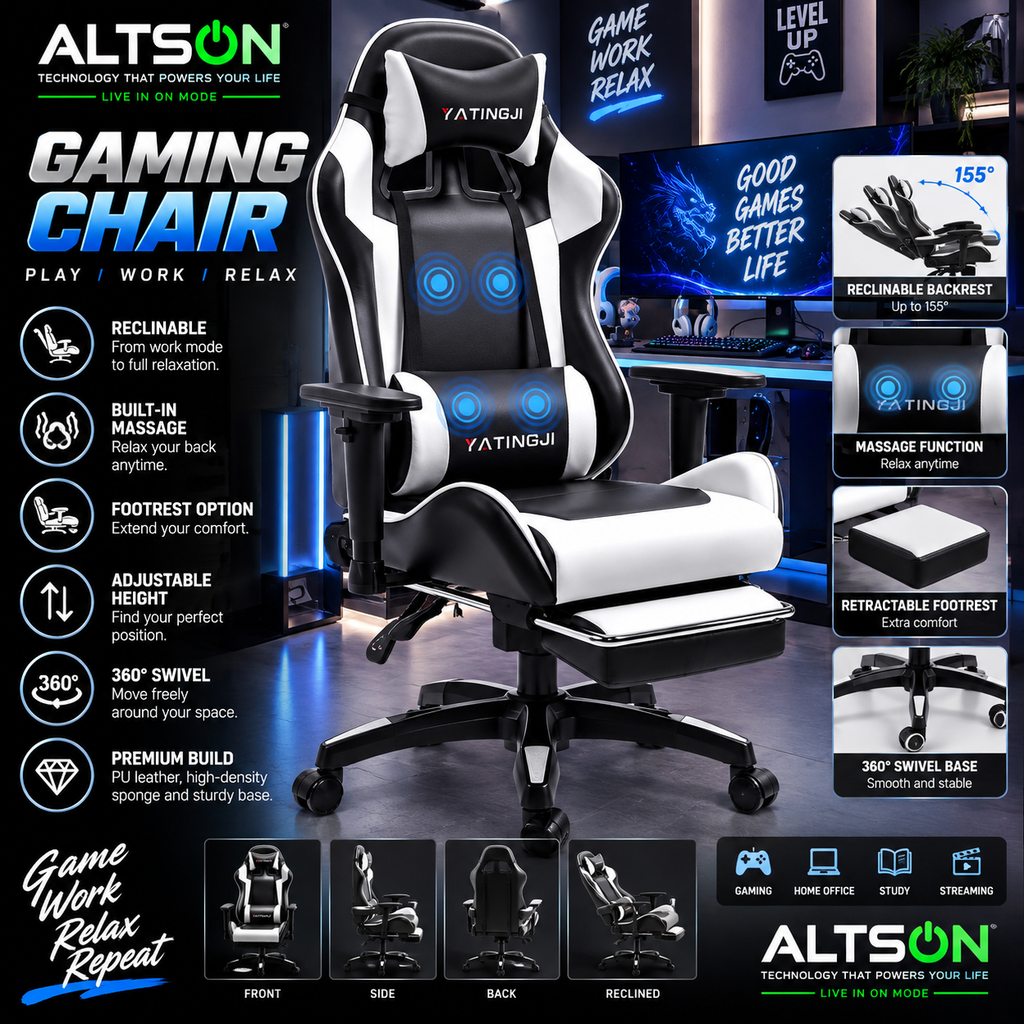 Reclining Massage Gaming Chair | Footrest Option | Swivel