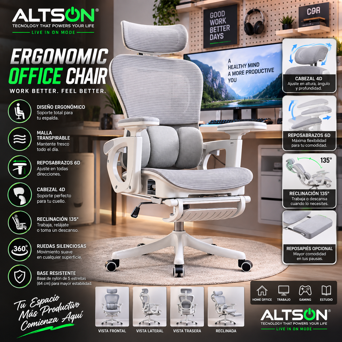 Ergonomic Mesh Office Chair | 6D Armrests | 135° Recline