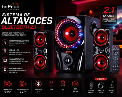 beFree Sound 2.1 Channel Bluetooth Surround Sound Speaker System in Red