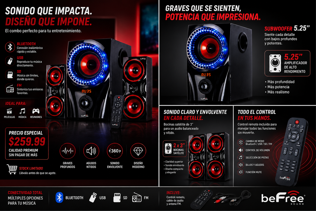 beFree Sound 2.1 Channel Bluetooth Surround Sound Speaker System in Red