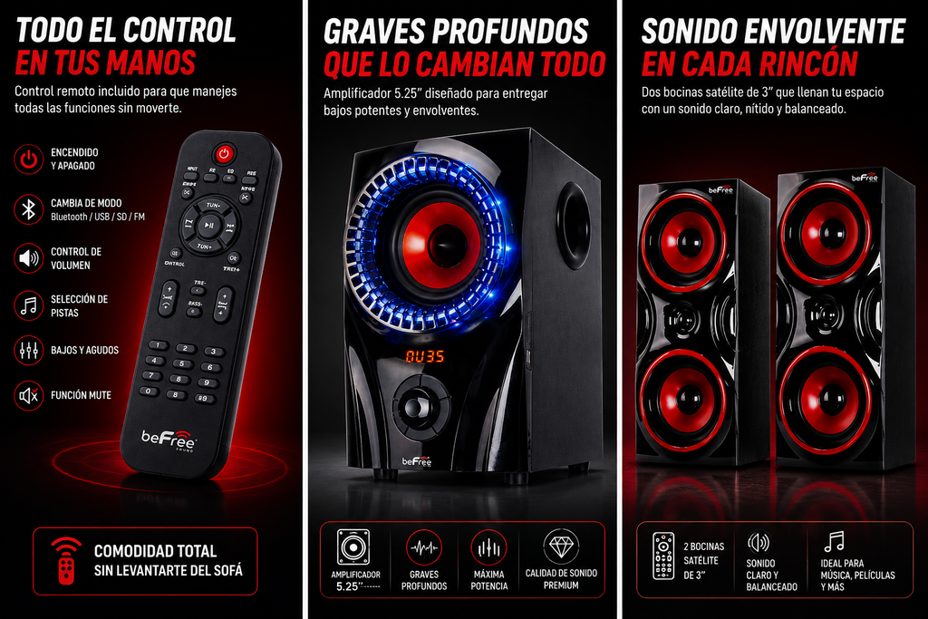 beFree Sound 2.1 Channel Bluetooth Surround Sound Speaker System in Red
