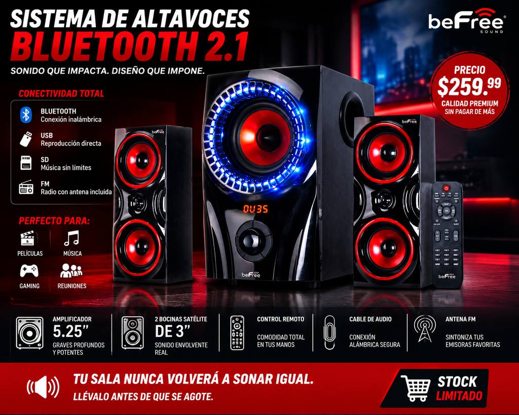 beFree Sound 2.1 Channel Bluetooth Surround Sound Speaker System in Red
