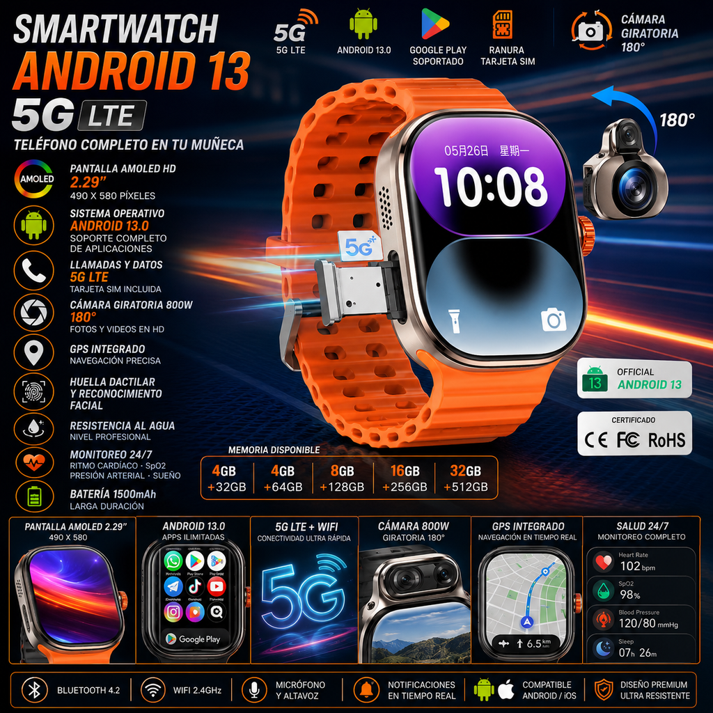 Smartwatch Android 13 5G LTE | AMOLED 2.29" | 800MP Pull-out Camera | SIM Card | GPS | 1500mAh | Smartwatch Android 13 5G LTE | AMOLED 2.29" | Cámara Giratoria 800W | Tarjeta SIM | GPS | 1500mAh