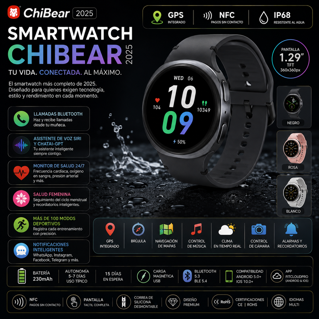 Smartwatch ChiBear 2025 | GPS | NFC | IP68 | Monitor Cardíaco | Bluetooth 5.3 | Hombre y Mujer