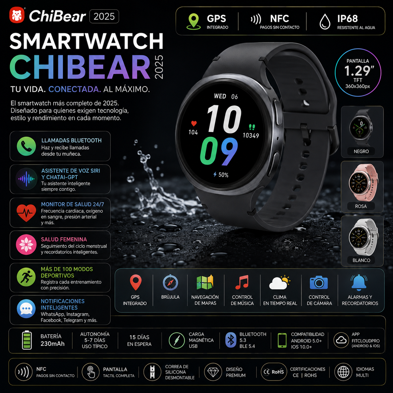 Smartwatch ChiBear 2025 | GPS | NFC | IP68 | Monitor Cardíaco | Bluetooth 5.3 | Hombre y Mujer