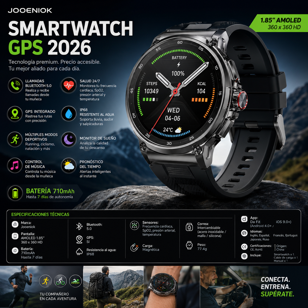 Smartwatch Jooeniok GPS 2026 | Pantalla AMOLED 1.85" | Batería 710mAh | Bluetooth 5.0 | IP68 | Android & iOS | Jooeniok GPS Smart Watch 2026 | 1.85" AMOLED | 710mAh Battery | Bluetooth Call | IP68
