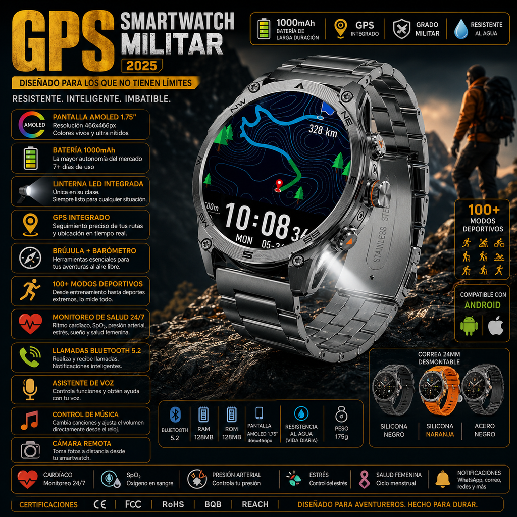 Smartwatch Militar GPS 2025 | AMOLED 1.75" | Batería 1000mAh | Linterna LED | Brújula | Barómetro