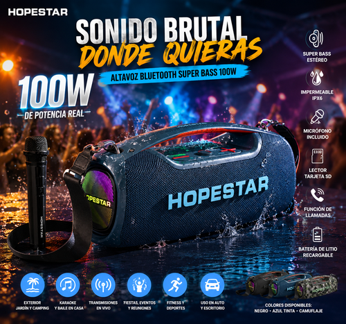 Altavoz Bluetooth Super Bass 100W Portátil e Impermeable — Estéreo para Exterior | Super Bass Bluetooth Speaker 100W Waterproof Portable Stereo