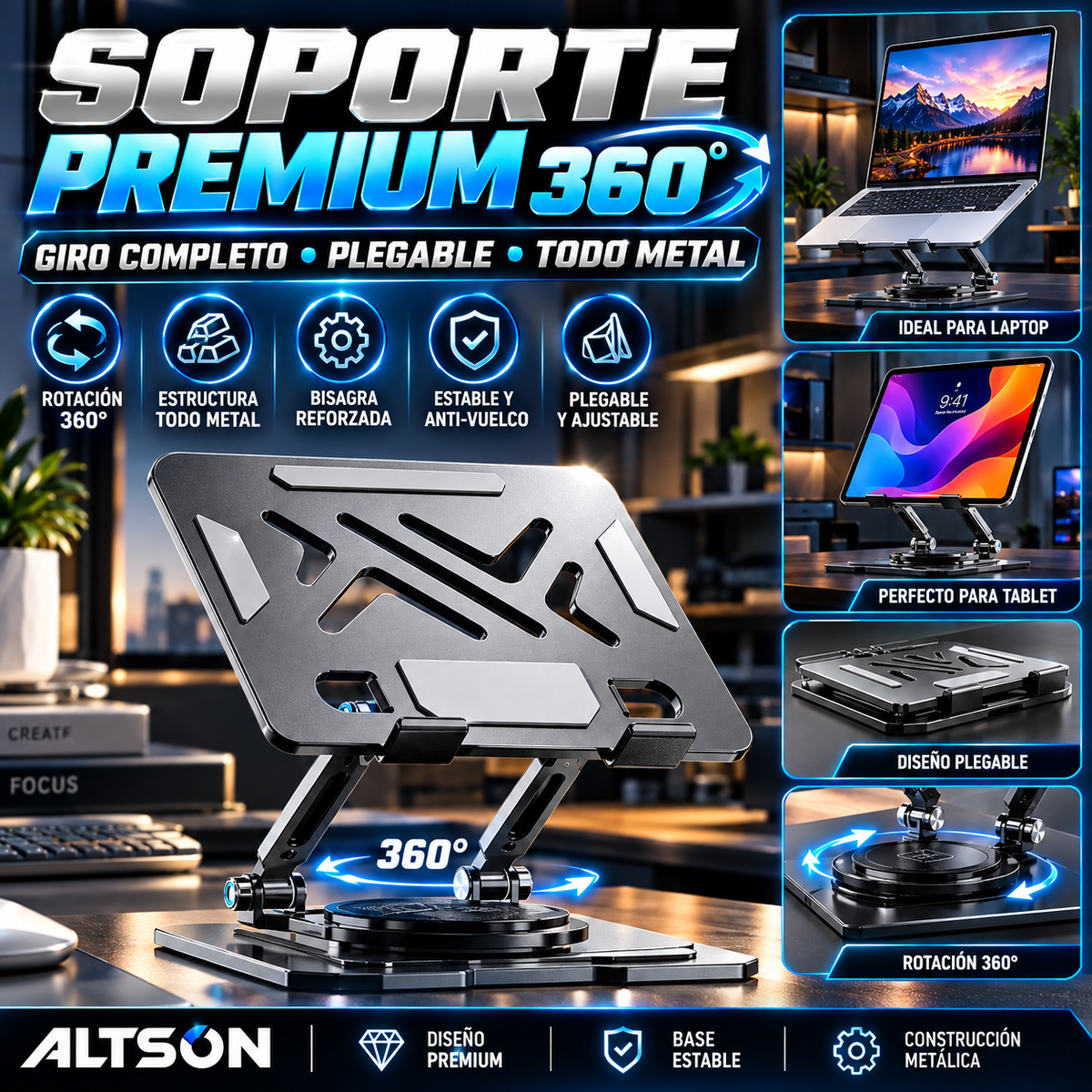 Soporte Ajustable de Aluminio para Laptop | Rotación 360°, Plegable, Universal