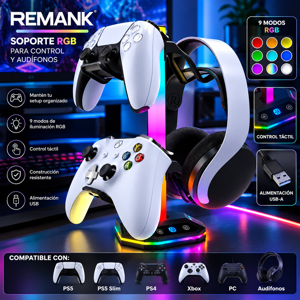 REMANK Controller Holder | RGB Light Stand | PS5, PS5 Slim, PS4, Xbox, PC