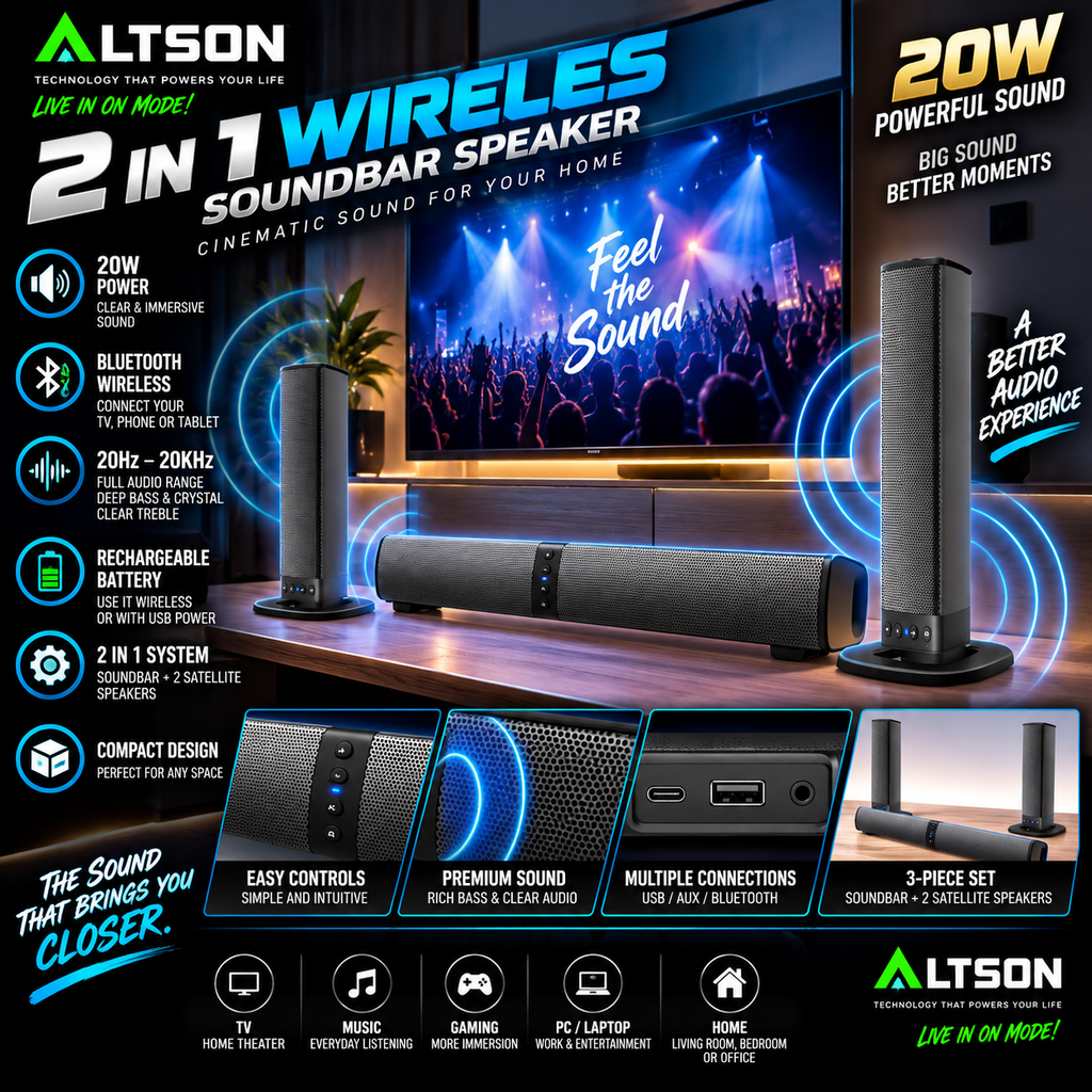 Soundbar Bluetooth 2 en 1 para Sala — 20W con Parlantes Integrados