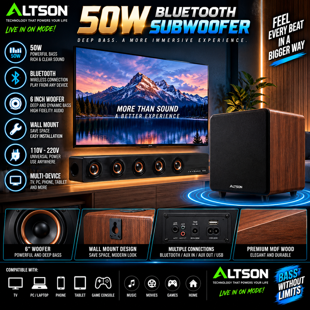 Subwoofer Activo Bluetooth 50W — Montaje en Pared para TV, PC y Celular