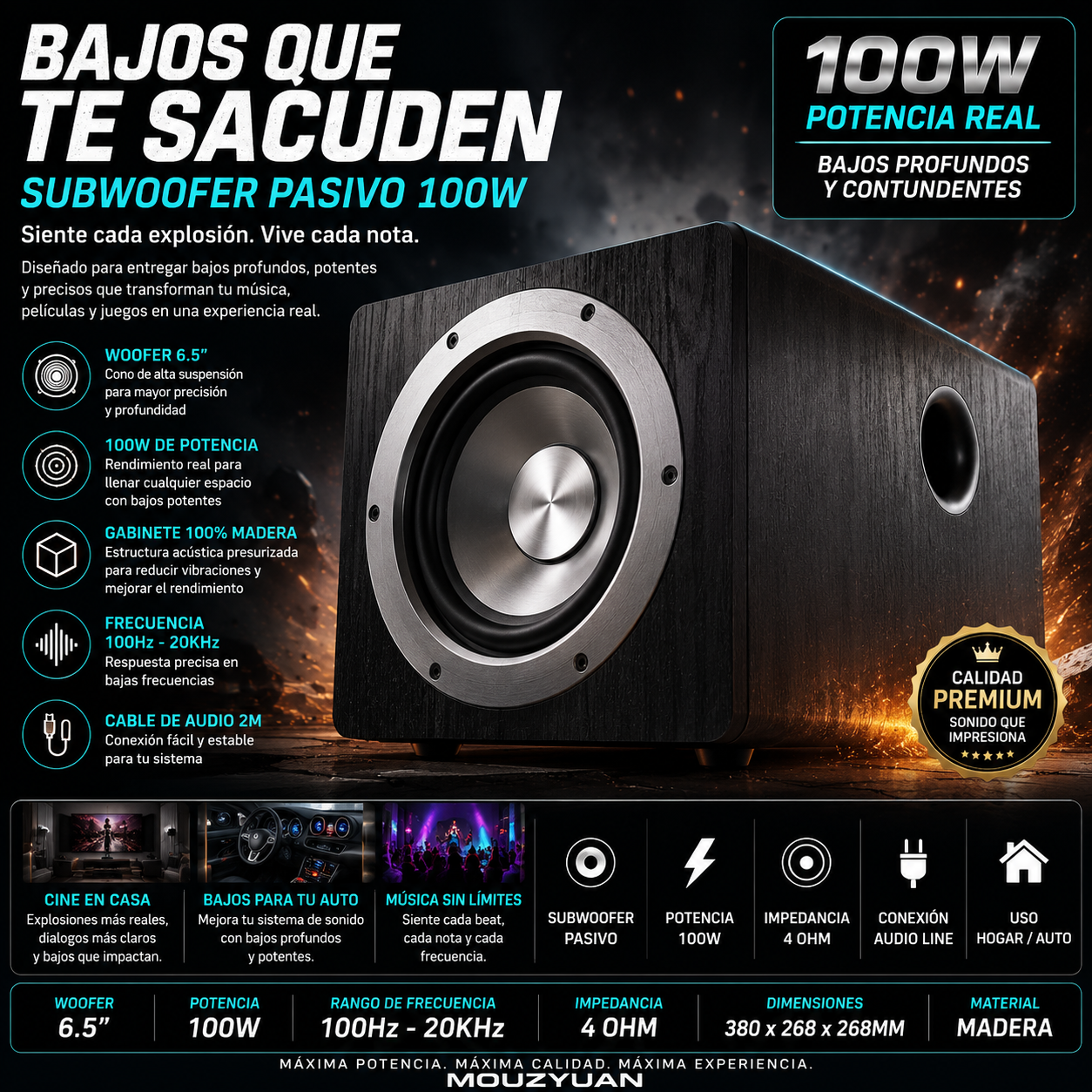 Subwoofer Activo 6.5" | 100W | 2.1 Canales | Madera | Home Theater | PC/TV | 6.5" Active Subwoofer 100W 2.1 Channel Wooden Cabinet Home Theater PC TV