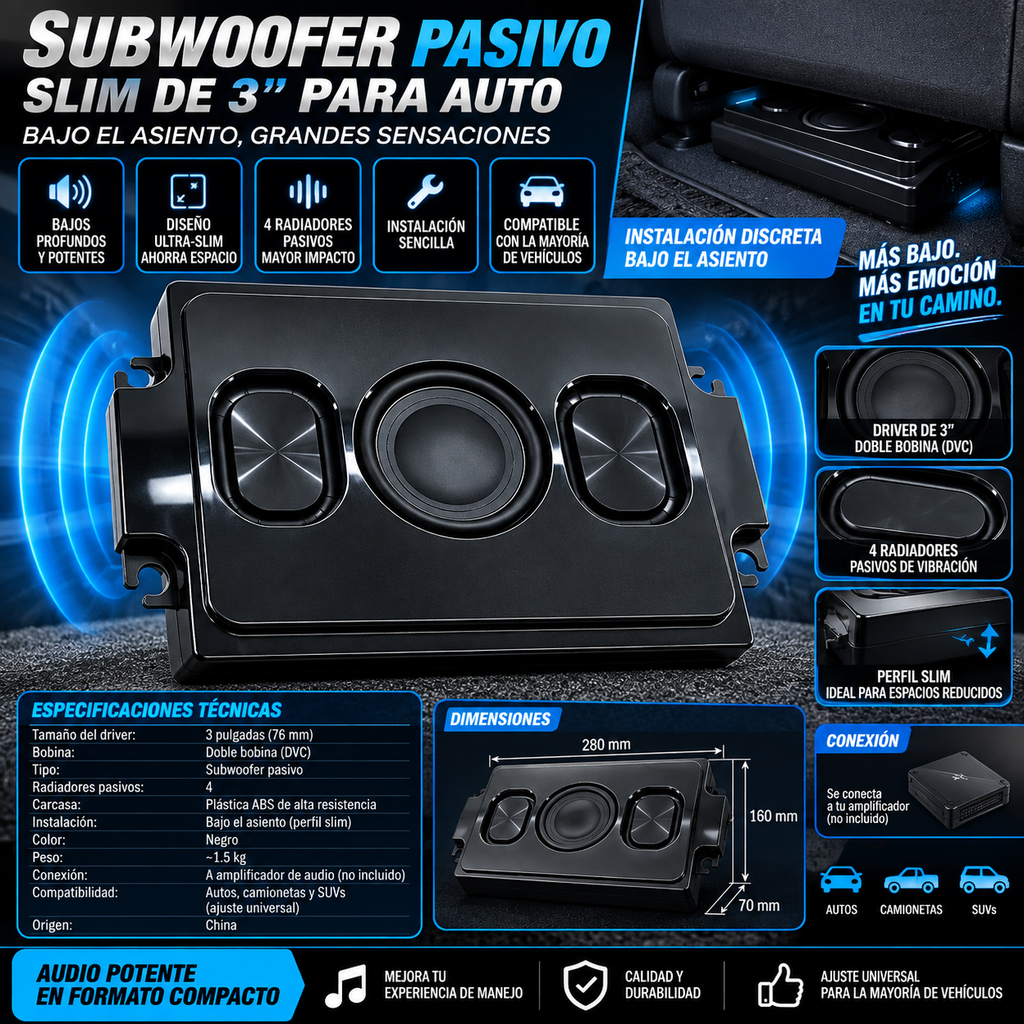 3" Slim Under-Seat Car Subwoofer | Dual Voice Coil | 4 Passive Radiators | Bass Speaker | Car Audio
