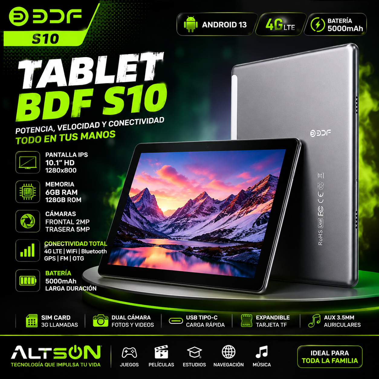 Tablet BDF S10 10.1" | Android 13 | 6GB RAM + 128GB | 4G LTE | Octa-Core | 5000mAh | IPS 1280x800