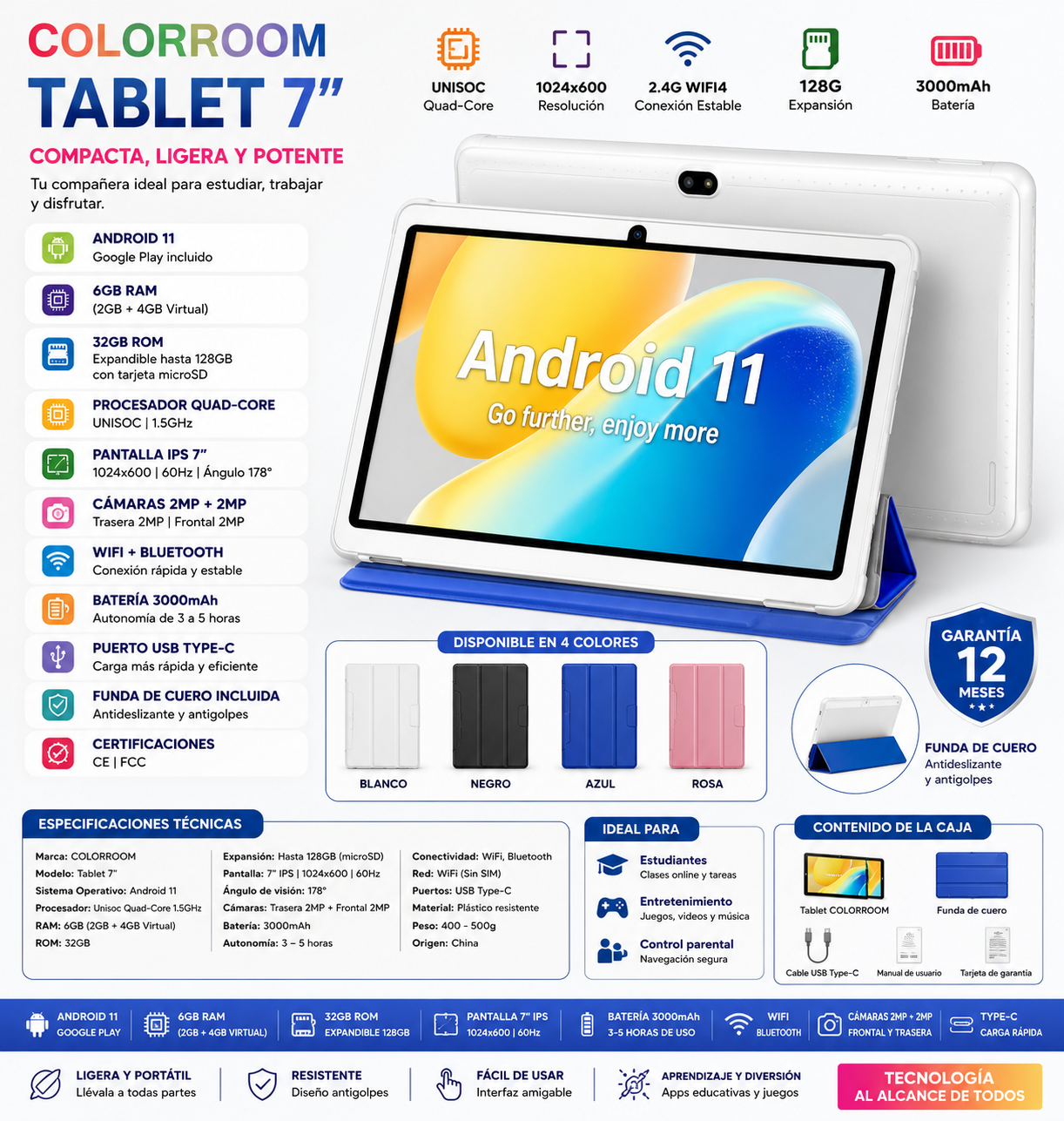 Tablet COLORROOM 7" | Android 11 | 6GB RAM + 32GB | Quad-Core | WiFi | 3000mAh | Con Funda de Cuero | 4 Colores