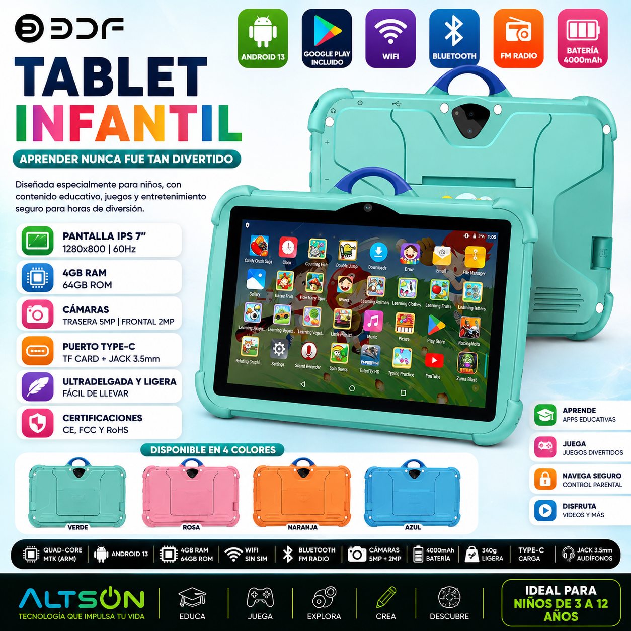 Tablet Infantil BDF 7" | Android 13 | 4GB RAM + 64GB | Quad-Core | WiFi | 4000mAh | Verde, Rosa, Naranja, Azul