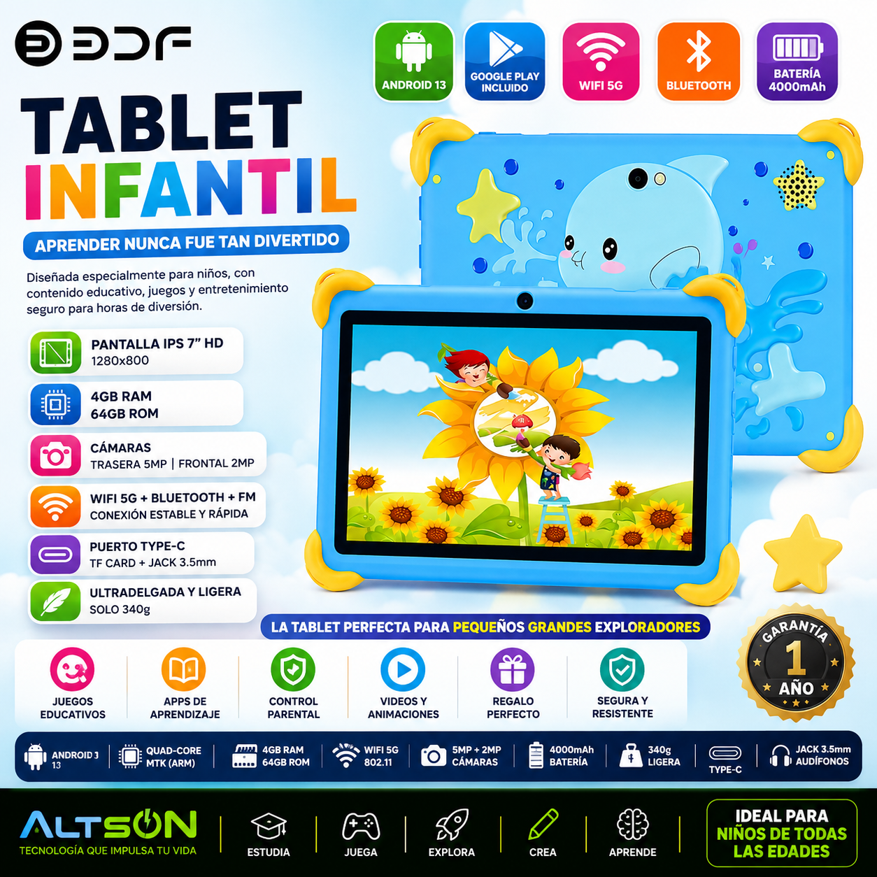 Tablet Infantil BDF 7" | Android 13 | 4GB RAM + 64GB | WiFi | Quad-Core | 4000mAh | Diseño para Niños