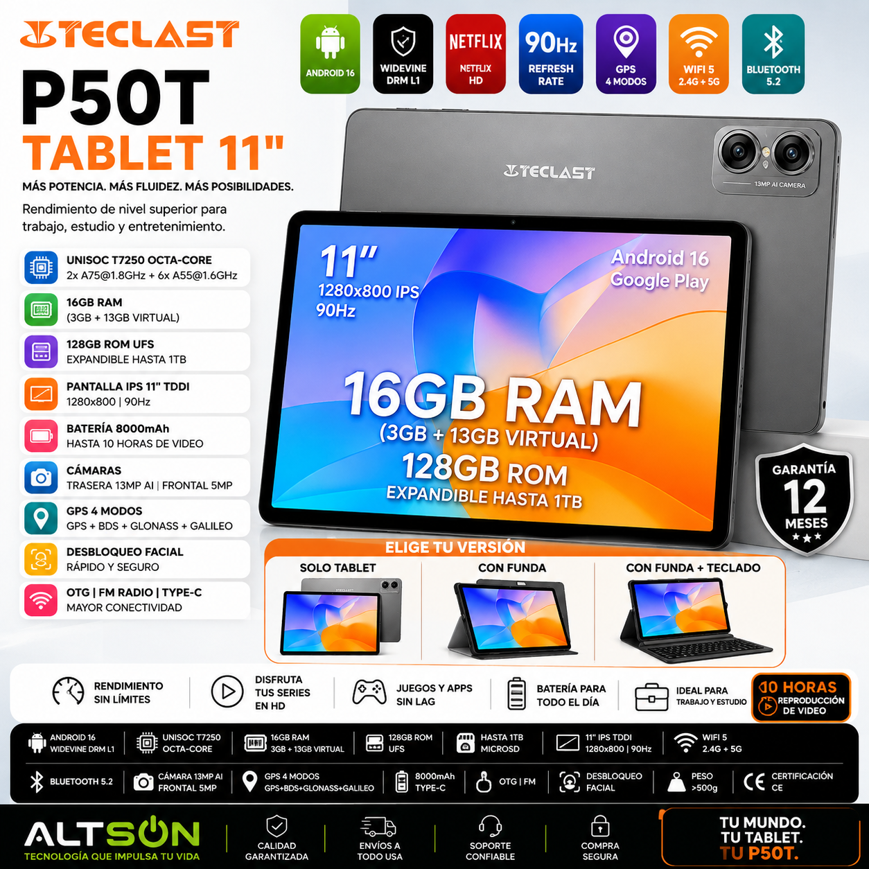 Tablet Teclast P50T 11" | Android 16 | 16GB RAM + 128GB | Octa-Core | 90Hz | 8000mAh | GPS | WiFi 5 | Netflix