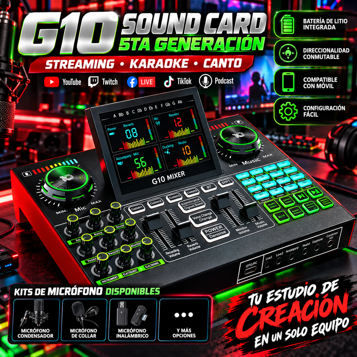 Tarjeta de Sonido G10 para Streaming | Kit Completo con Micrófono para Transmisiones en Vivo