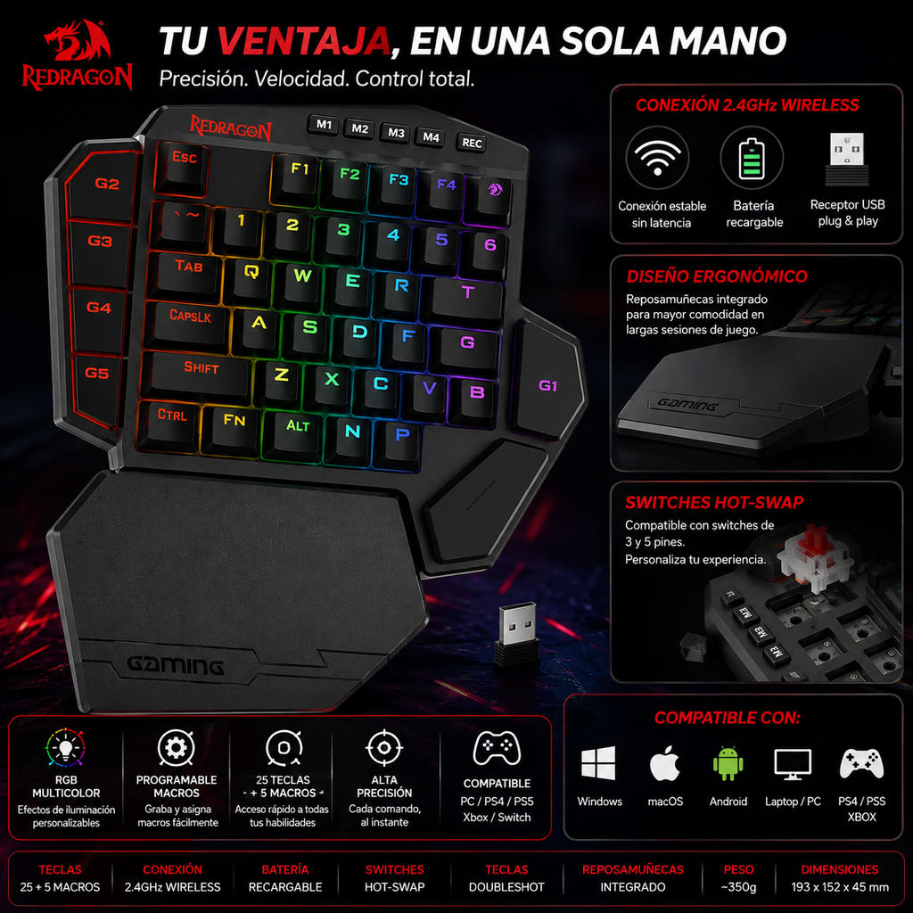 Teclado Gaming Una Mano Redragon K585 DITI | 42 Teclas | 2.4GHz Inalámbrico | RGB | 7 Macros | Hot-Swap | Redragon K585 DITI One-Handed Wireless Gaming Keypad 42 Keys 2.4GHz RGB 7 Macros Hot-Swap