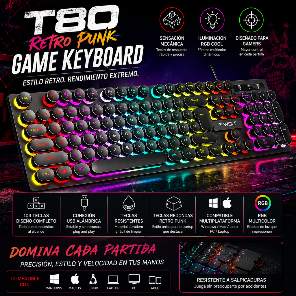 Teclado Mecánico Gaming 104 Teclas | USB | RGB Multicolor | Switch Negro | PC/Laptop | Full-Size RGB Mechanical Gaming Keyboard 104 Keys USB Black Switch PC Laptop