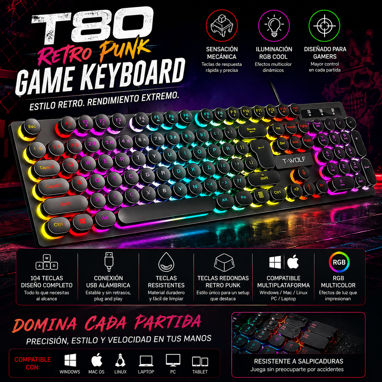 Teclado Mecánico Gaming 104 Teclas | USB | RGB Multicolor | Switch Negro | PC/Laptop | Full-Size RGB Mechanical Gaming Keyboard 104 Keys USB Black Switch PC Laptop