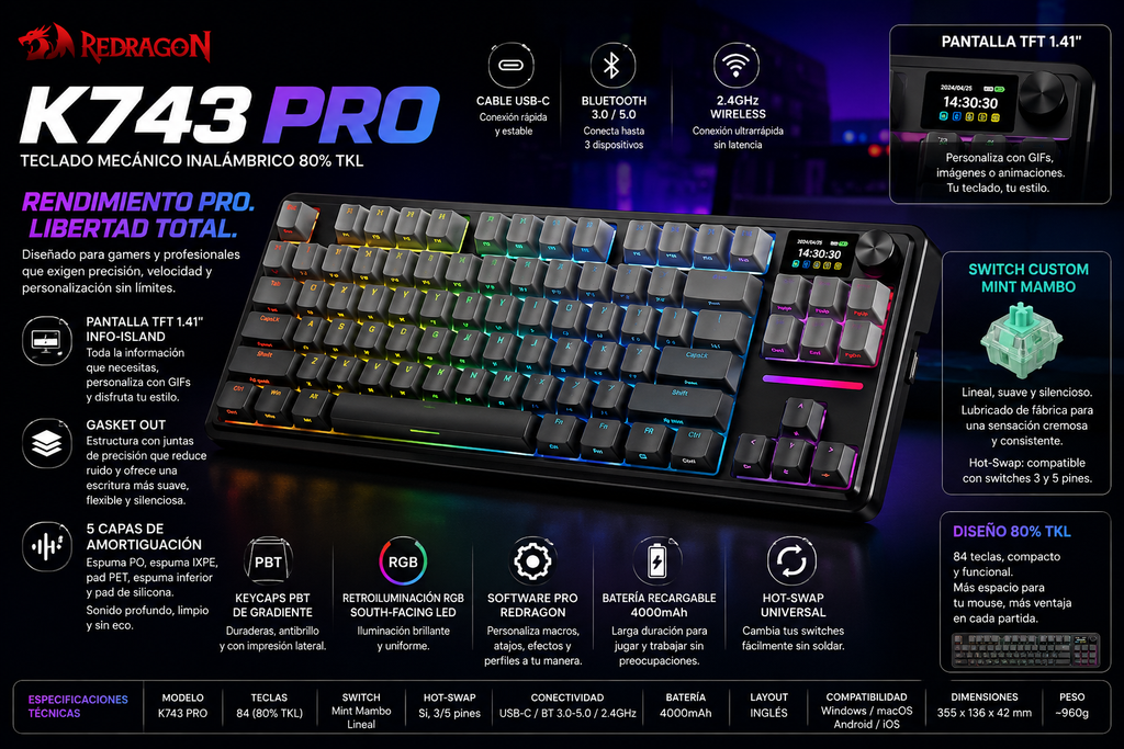 Teclado Mecánico Gaming Redragon K743 PRO | 80% TKL | Gasket RGB | Pantalla TFT | 3 Modos | Redragon K743 PRO 80% TKL Gasket Mechanical Gaming Keyboard RGB TFT Screen 3-Mode