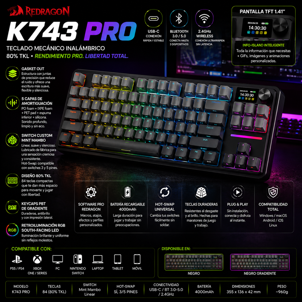 Teclado Mecánico Gaming Redragon K743 PRO | 80% TKL | Gasket RGB | Pantalla TFT | 3 Modos | Redragon K743 PRO 80% TKL Gasket Mechanical Gaming Keyboard RGB TFT Screen 3-Mode