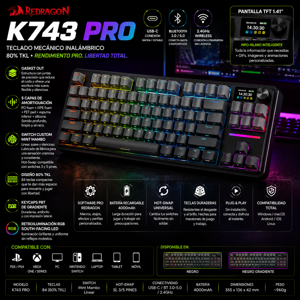 Teclado Mecánico Gaming Redragon K743 PRO | 80% TKL | Gasket RGB | Pantalla TFT | 3 Modos | Redragon K743 PRO 80% TKL Gasket Mechanical Gaming Keyboard RGB TFT Screen 3-Mode