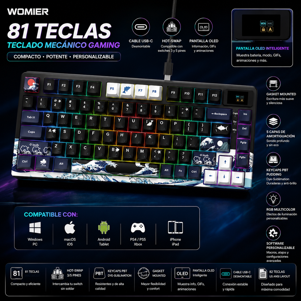 Teclado Mecánico Gaming Womier 75% | OLED | Gasket | Hot-Swap | PBT Pudding RGB | PC/Mac | Womier 75% Mechanical Gaming Keyboard OLED Gasket Hot-Swap PBT Pudding RGB