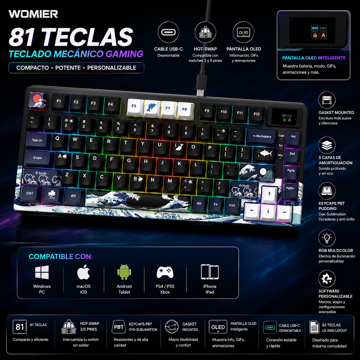 Teclado Mecánico Gaming Womier 75% | OLED | Gasket | Hot-Swap | PBT Pudding RGB | PC/Mac | Womier 75% Mechanical Gaming Keyboard OLED Gasket Hot-Swap PBT Pudding RGB