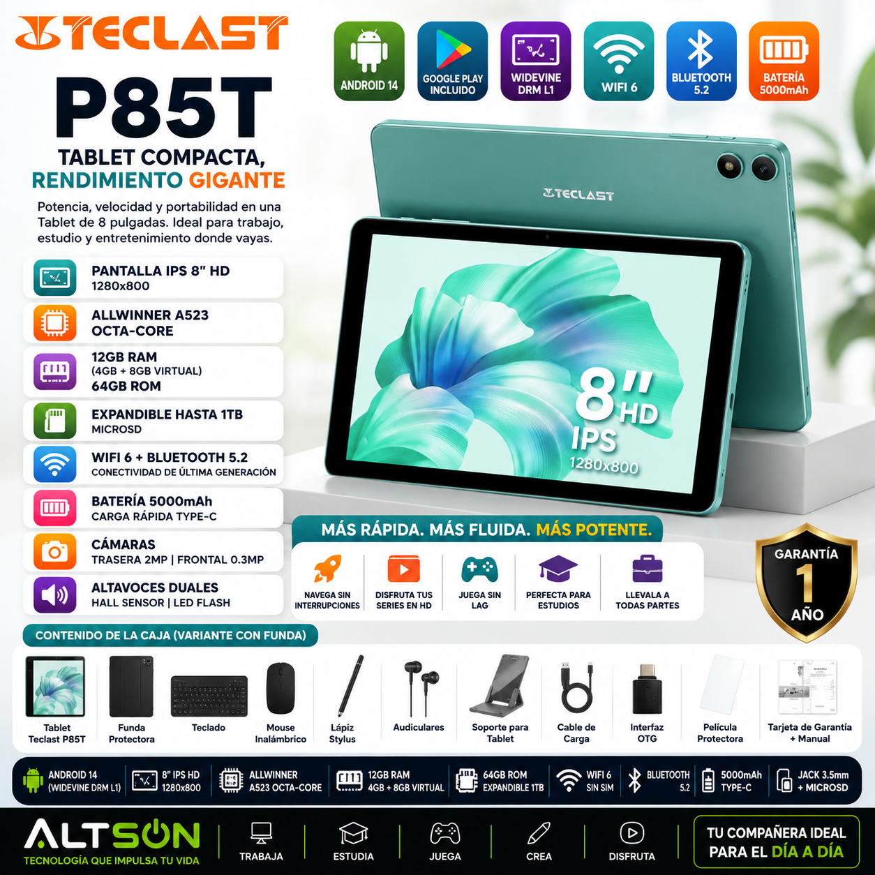 Tablet Teclast P85T 8" | Android 14 | 12GB RAM + 64GB | Octa-Core A523 | WiFi 6 | BT 5.2 | 5000mAh