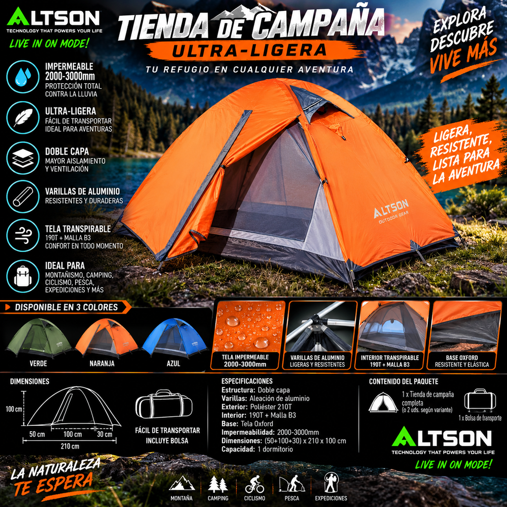 Ultra-Light Double-Layer Camping Tent – Waterproof 2000-3000mm, Aluminum Poles