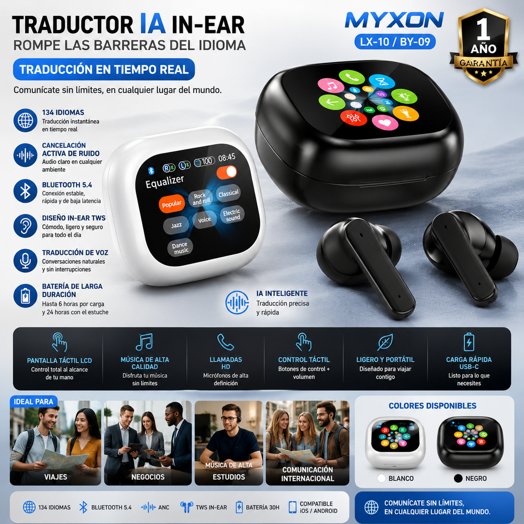 Traductor IA In-Ear | Bluetooth 5.4 | 134 Idiomas | Cancelación de Ruido | Tiempo Real | TWS | Myxon LX-10 / BY-09