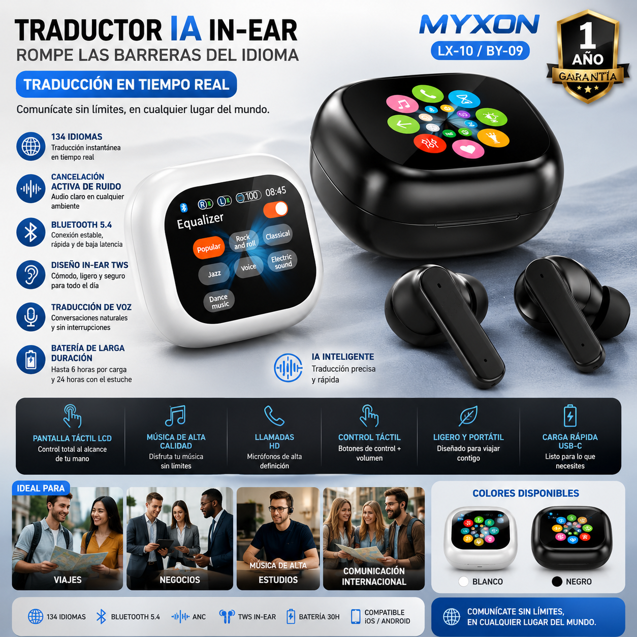 Traductor IA In-Ear | Bluetooth 5.4 | 134 Idiomas | Cancelación de Ruido | Tiempo Real | TWS | Myxon LX-10 / BY-09