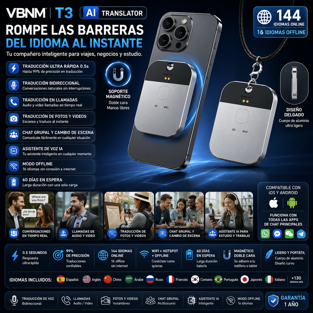 Traductor IA VBNM T3 | 144 Idiomas | Bidireccional | Tiempo Real 0.5s | Sin WiFi | Magnético | Llamadas | Offline | Viajes