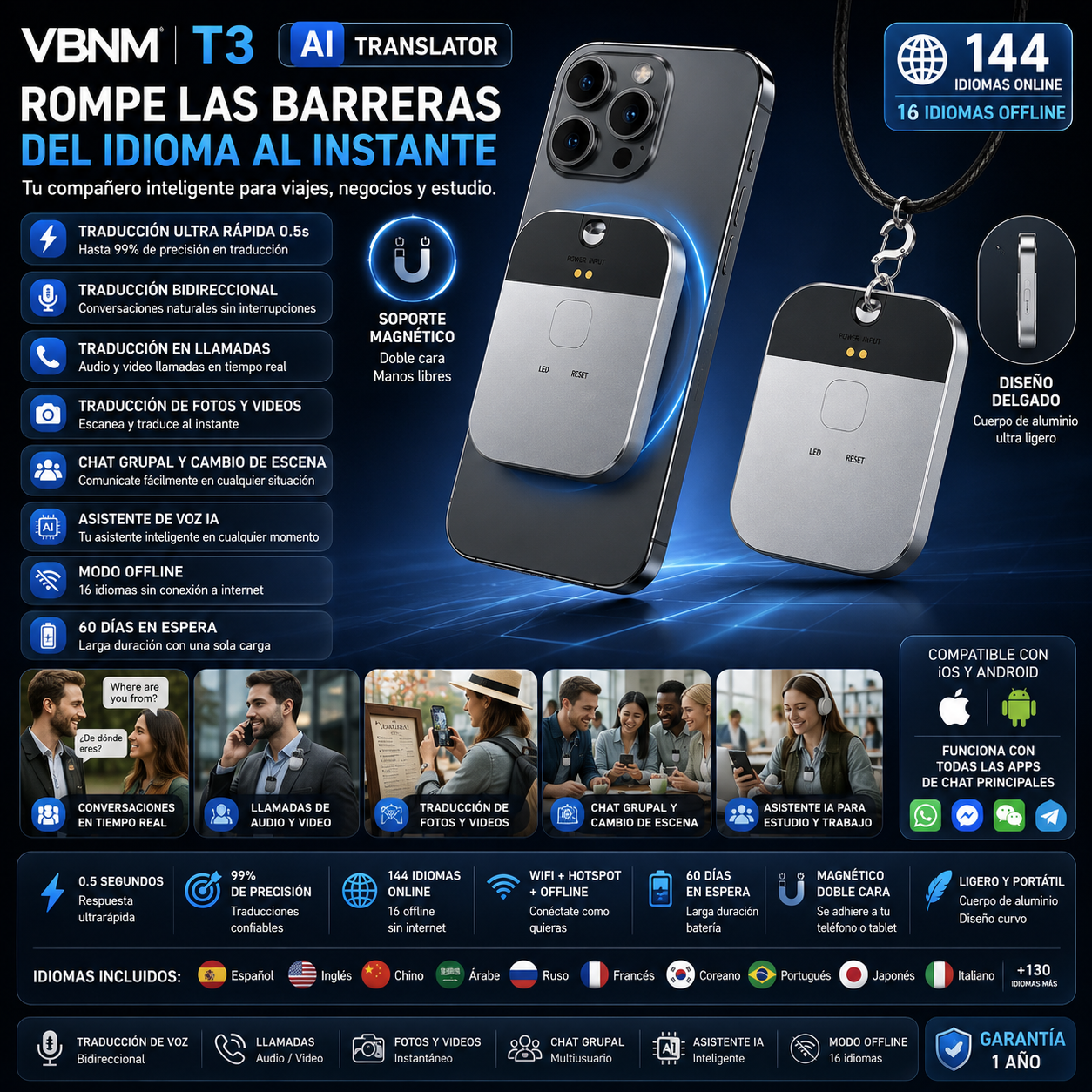 Traductor IA VBNM T3 | 144 Idiomas | Bidireccional | Tiempo Real 0.5s | Sin WiFi | Magnético | Llamadas | Offline | Viajes