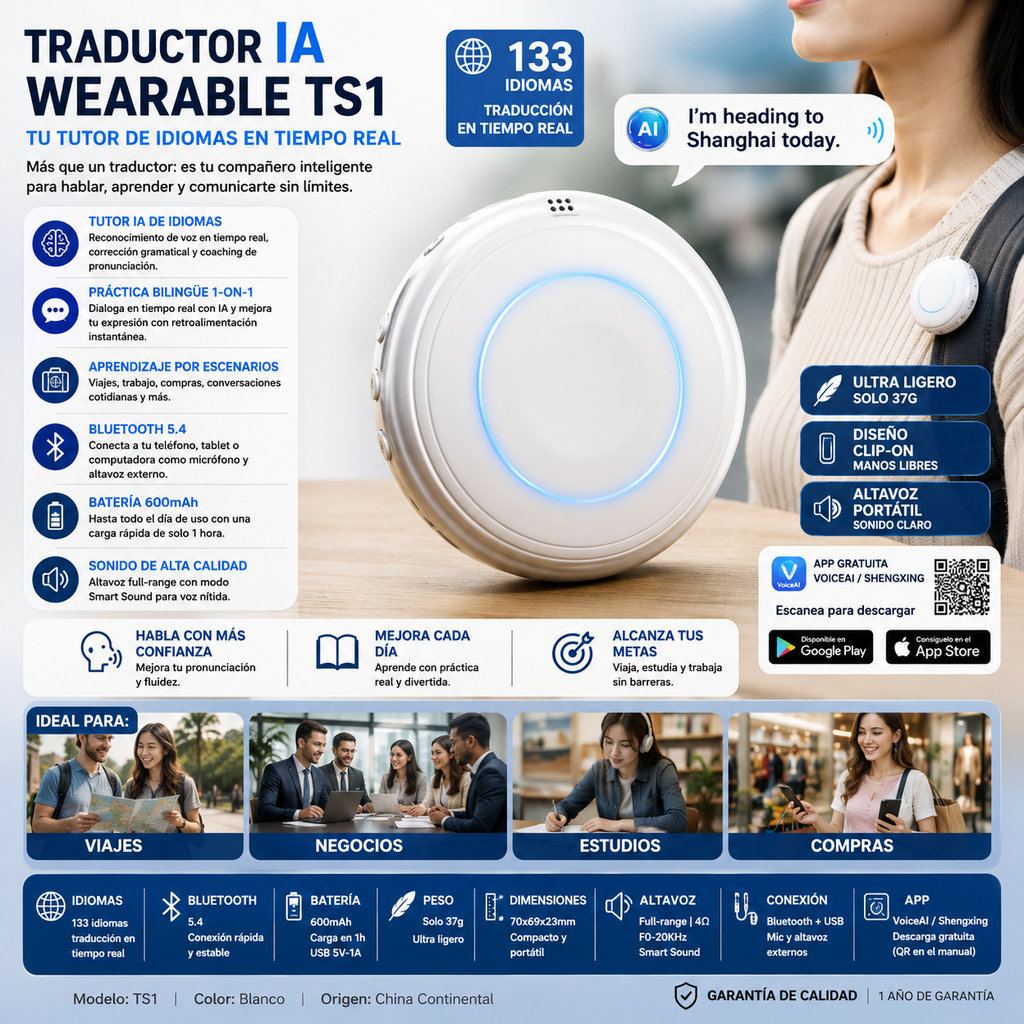 Traductor IA Wearable TS1 | 133 Idiomas | Bluetooth 5.4 | Tutor de Idiomas en Tiempo Real | Altavoz Portátil | Viajes y Aprendizaje