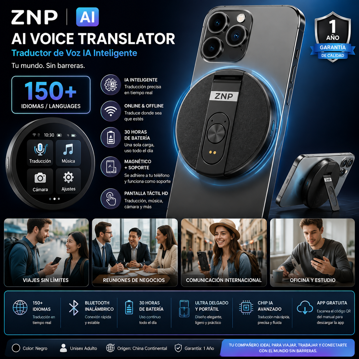 Traductor de Voz IA ZNP | Bluetooth Inalámbrico | 150+ Idiomas | Magnético Ultra-Delgado | Offline | Soporte para Teléfono | 30h Batería